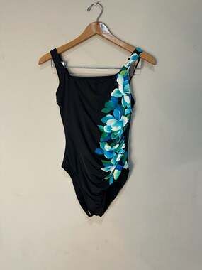 Miraclesuit Floral Shaping One-Piece Swimsuit Ruched Tummy Control Blue Size 10